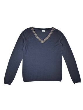 TSE Beaded Cashmere Sweater Sz L Gray  V-Neck Old Money Quiet Luxury Casual Chic